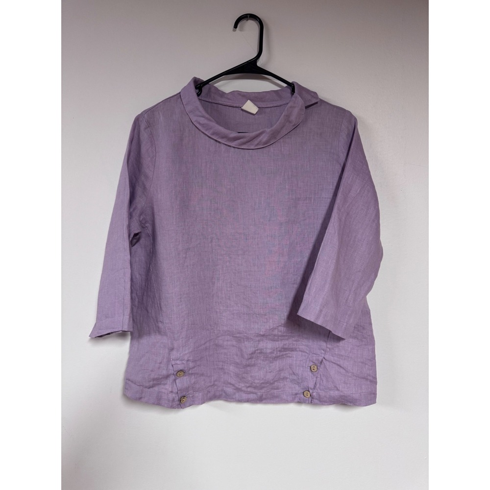 LINTICO Linen Cotton Blend Soft Fold Collar 3/4 Sleeve Top Periwinkle Size S